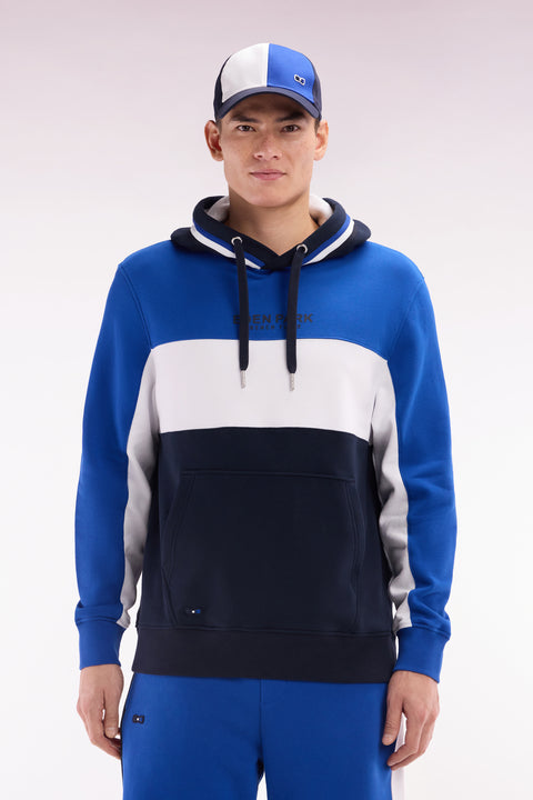 Relaxed-fit blue tricolor cotton fleece hoodie - Image 1
