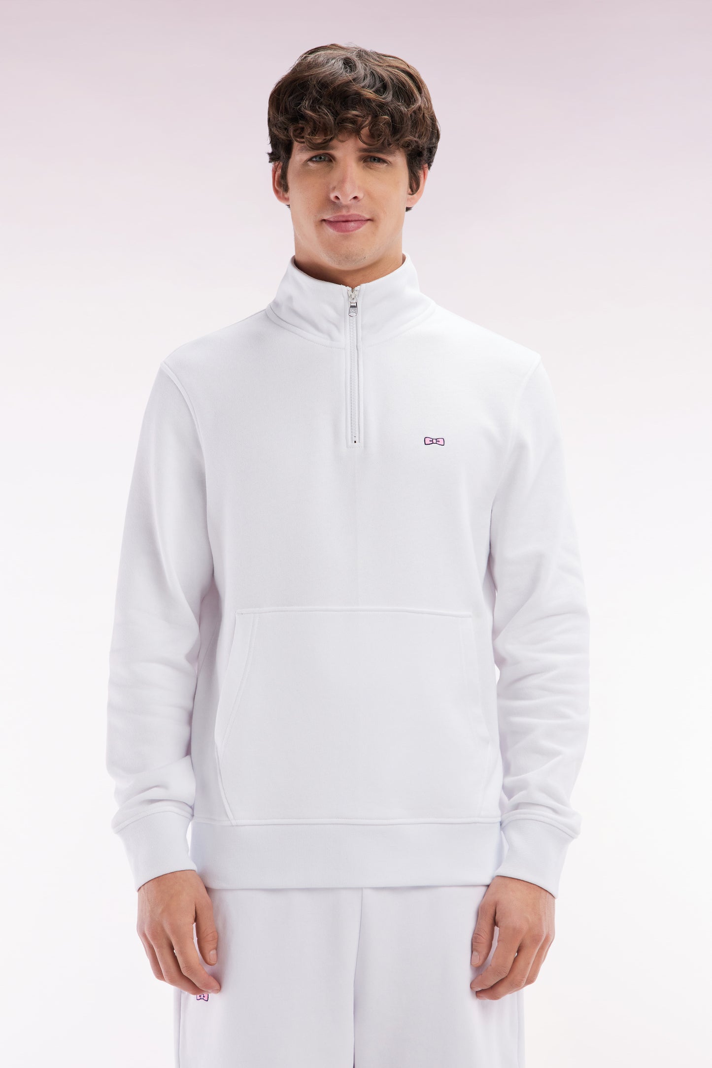 Sweatshirt à col zippé en coton blanc coupe droite