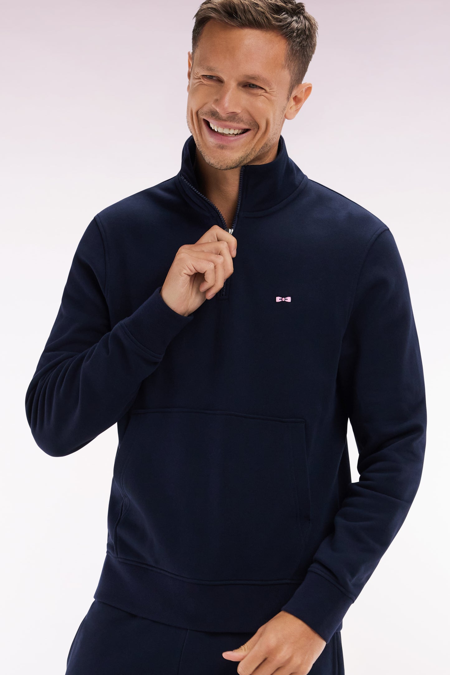 Straight-fit navy cotton zip-neck sweatshirt