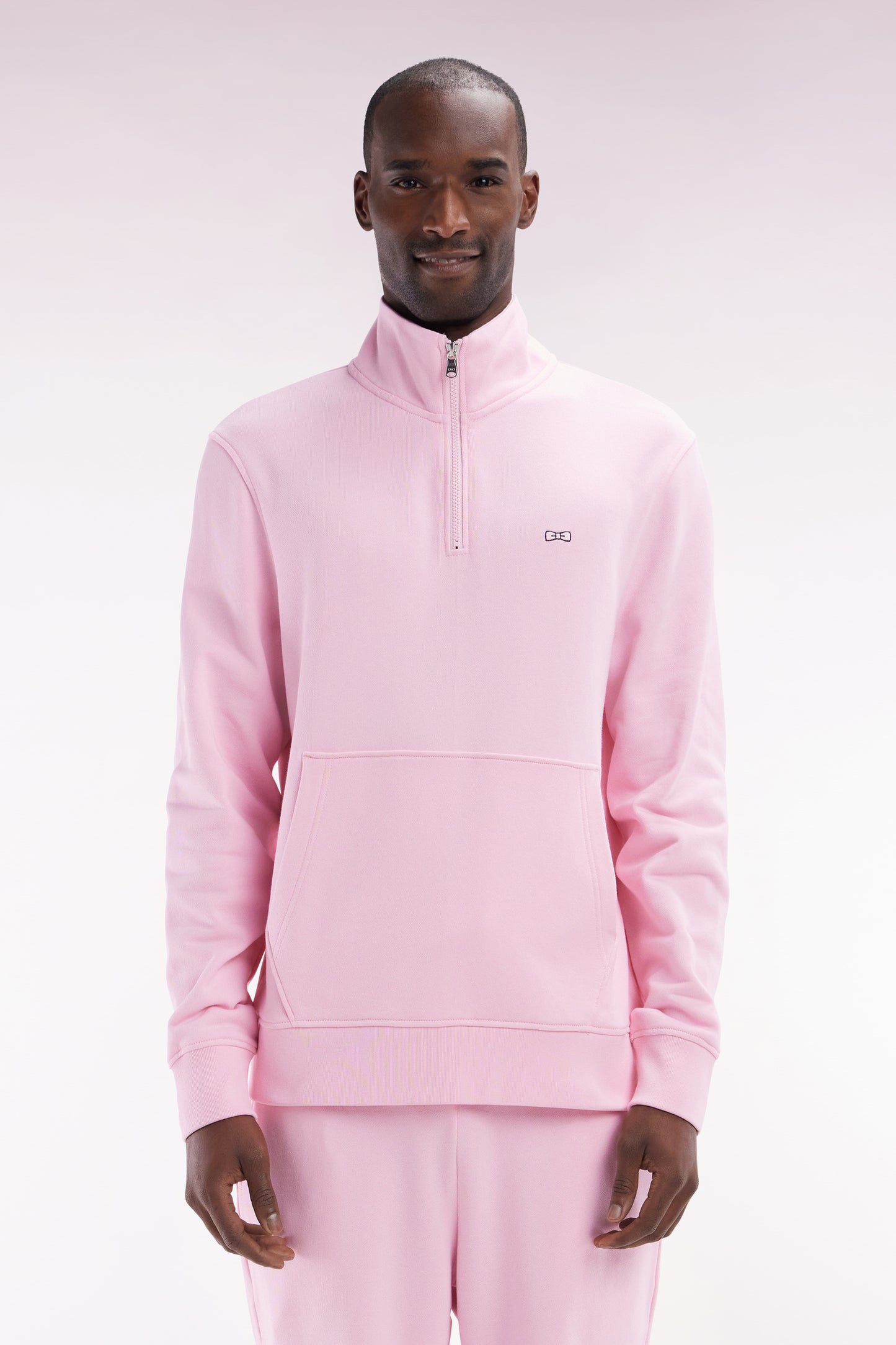 Straight-fit pink cotton zip-neck sweatshirt