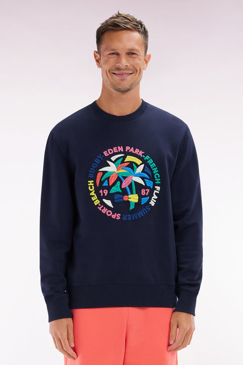 Relaxed fit navy cotton sweatshirt with multicolored palm tree embroidery - Image 1