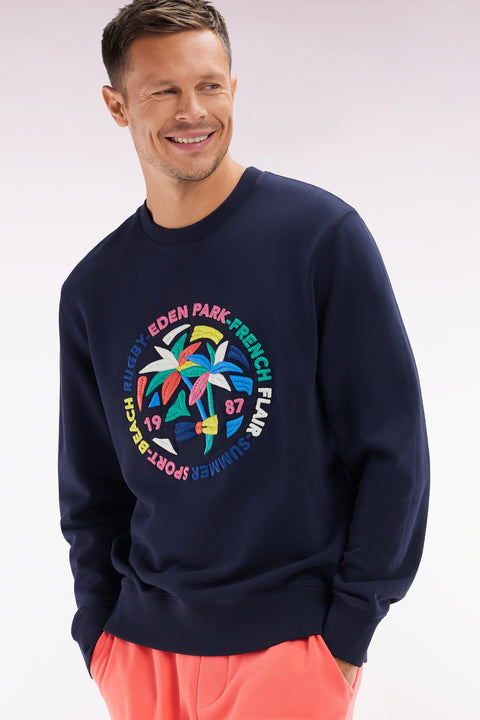 Relaxed fit navy cotton sweatshirt with multicolored palm tree embroidery - Image 3
