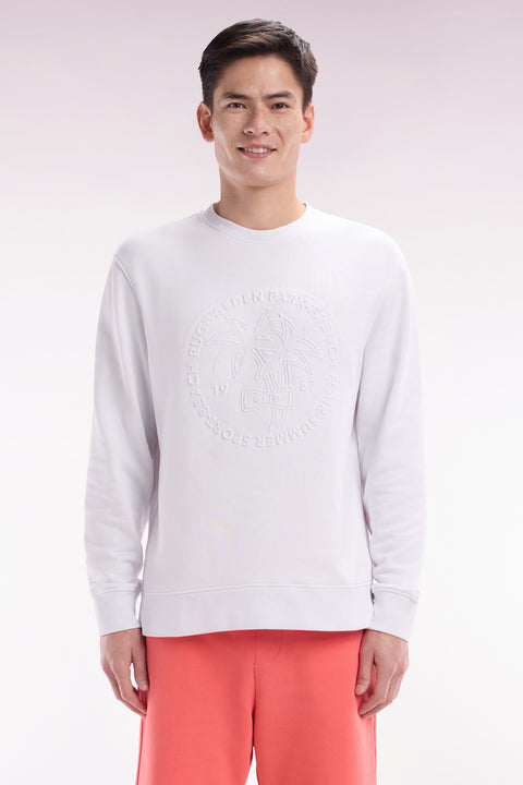 Relaxed fit white cotton fleece sweatshirt with tone-on-tone palm tree embroidery - Image 1