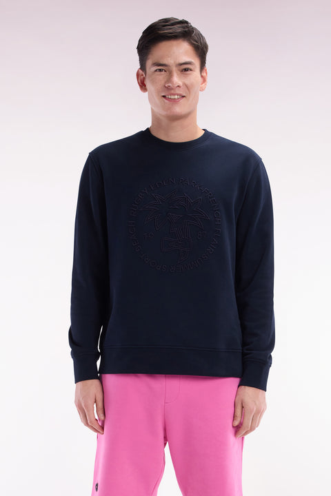 Relaxed-fit navy cotton fleece sweatshirt with tone-on-tone palm tree embroidery - Image 1