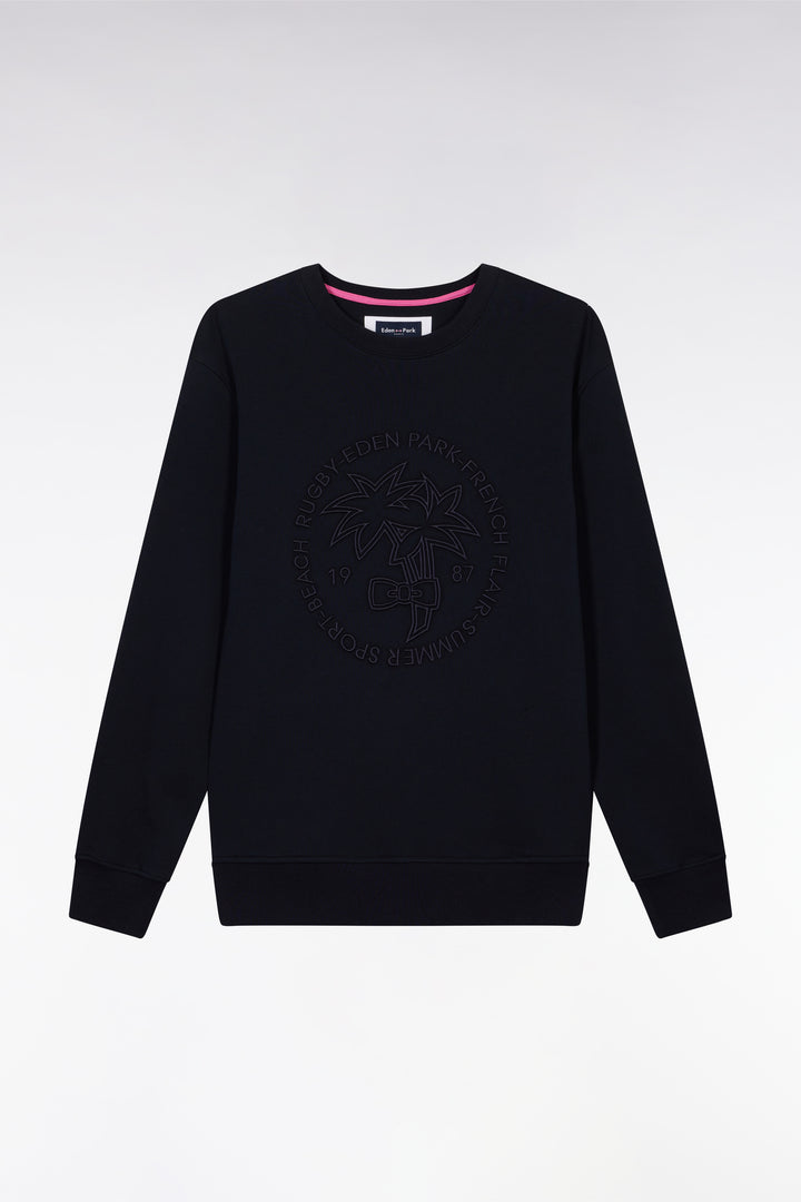 Sweatshirt en molleton coton marine broderie palmier ton sur ton coupe décontractée