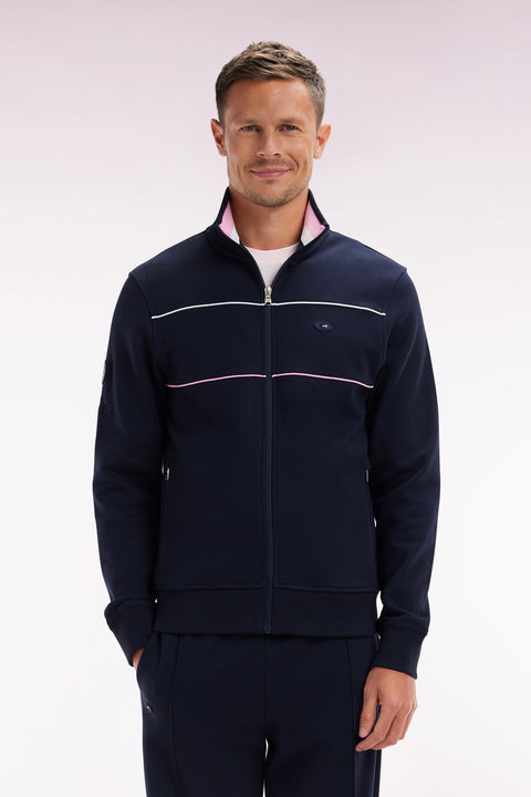 Sweatshirt zippé en coton stretch marine passepoil contrastés coupe droite - Image 1