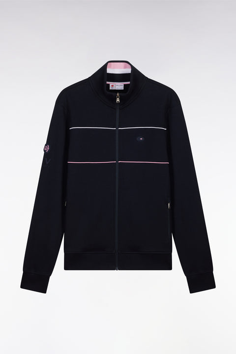 Sweatshirt zippé en coton stretch marine passepoil contrastés coupe droite - Image 2