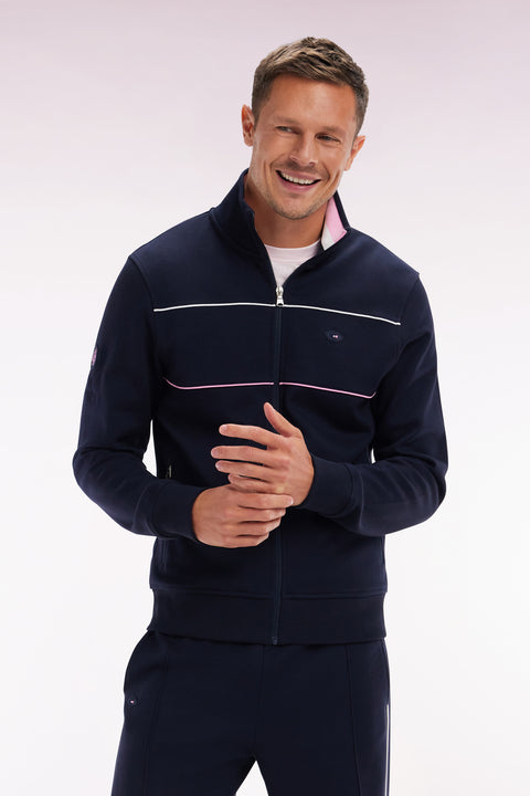 Sweatshirt zippé en coton stretch marine passepoil contrastés coupe droite - Image 3
