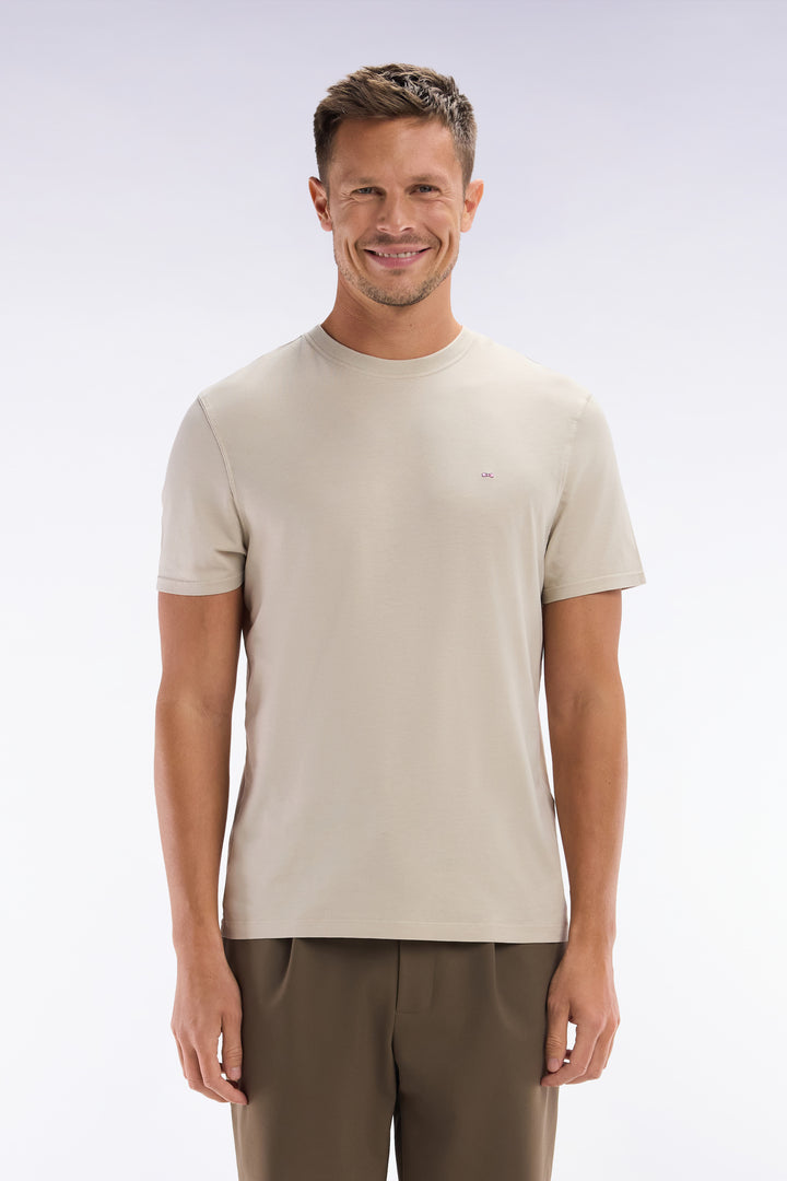 T-shirt beige uni en lyocell et coton coupe droite