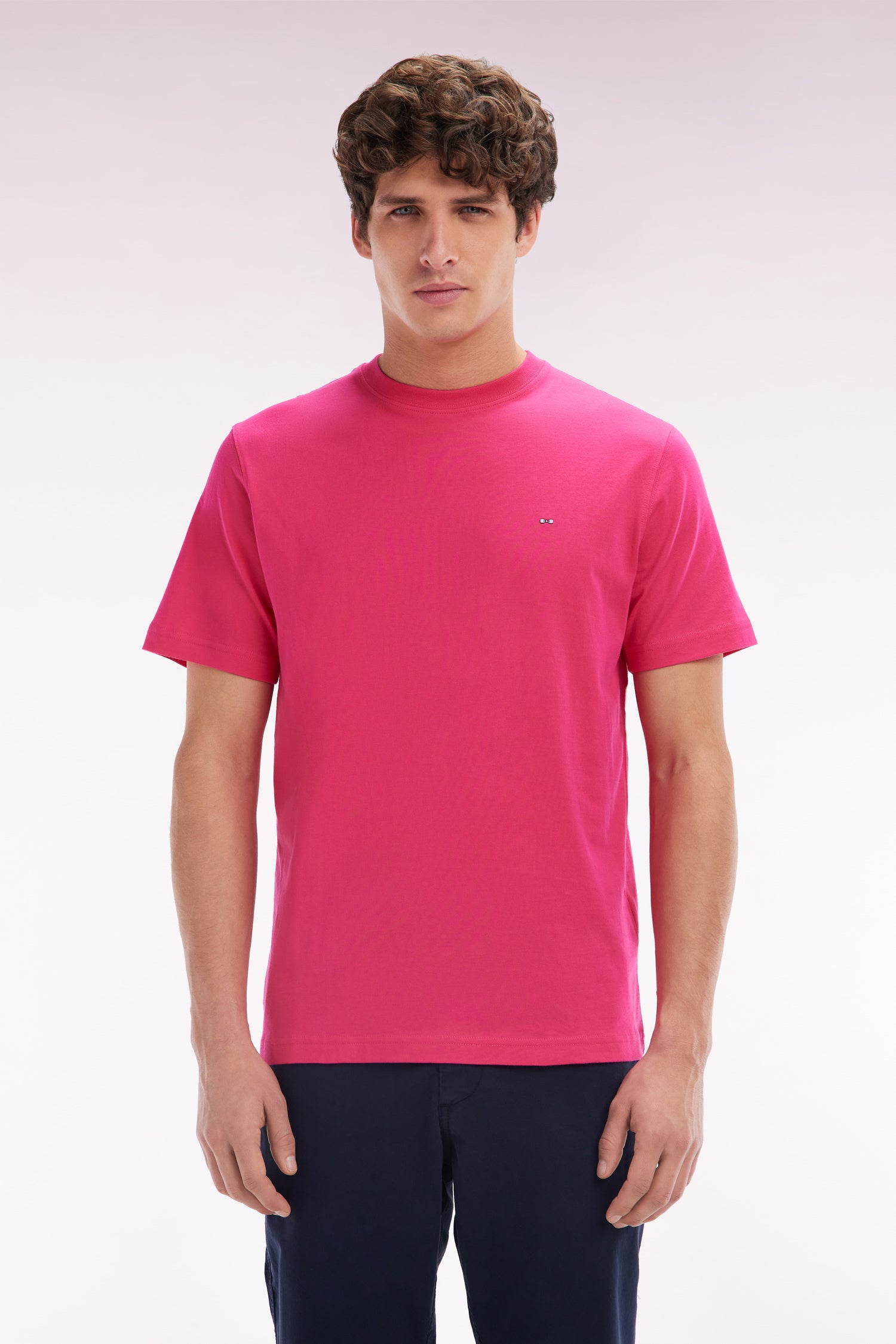 T-shirt en coton Pima fuchsia broderie dos coupe droite