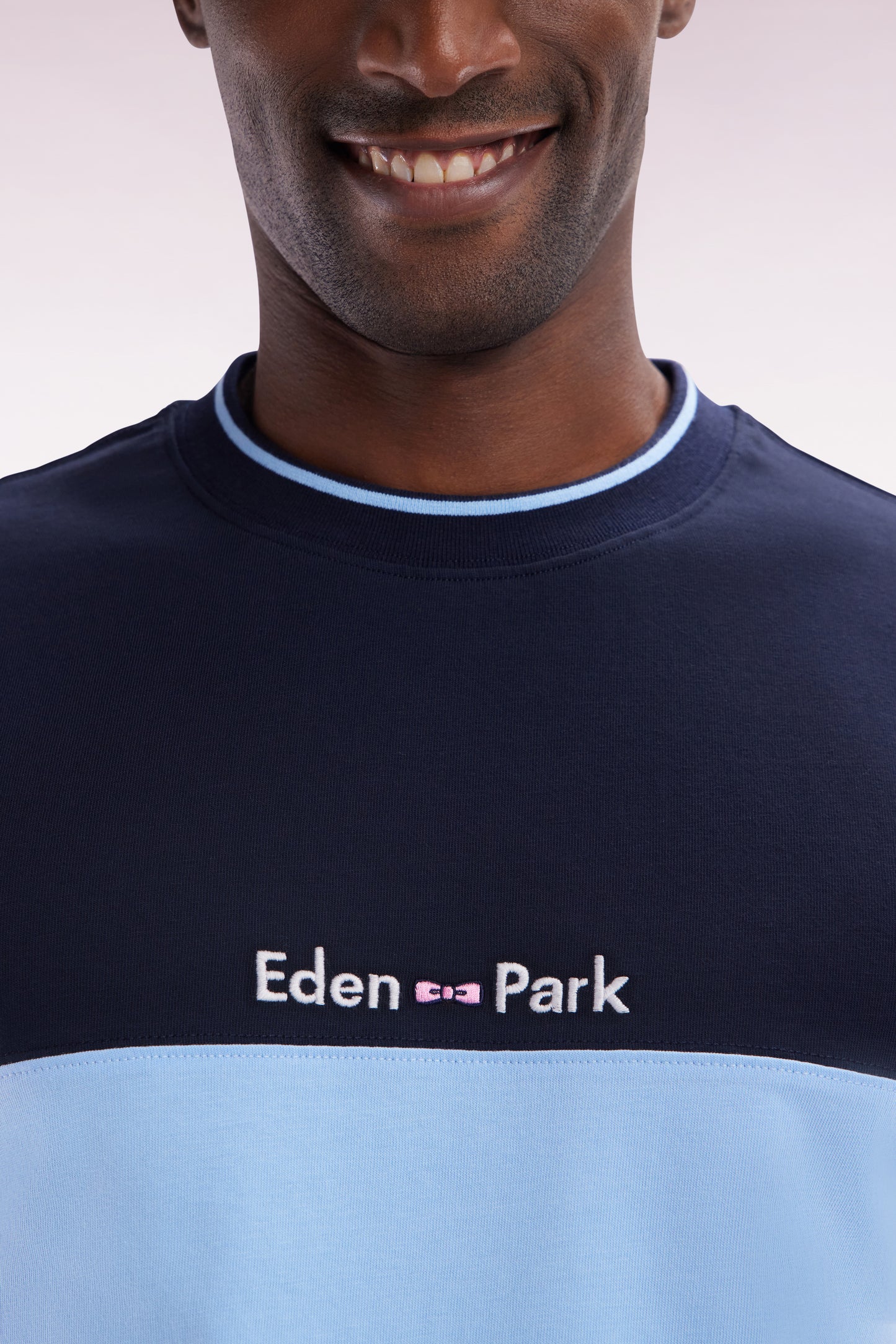 Straight-fit two-tone sky blue embroidered cotton T-shirt