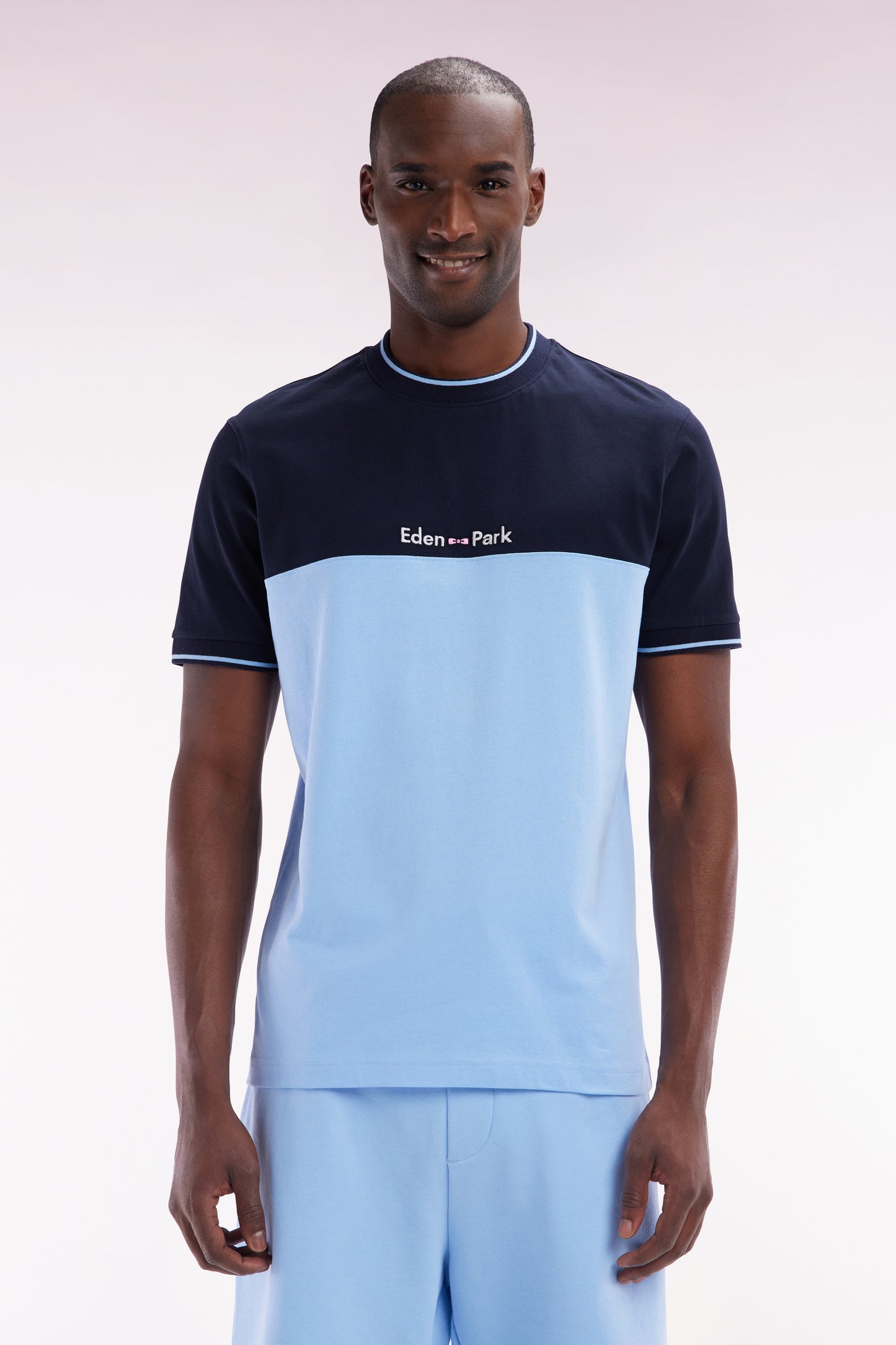 Straight-fit two-tone sky blue embroidered cotton T-shirt