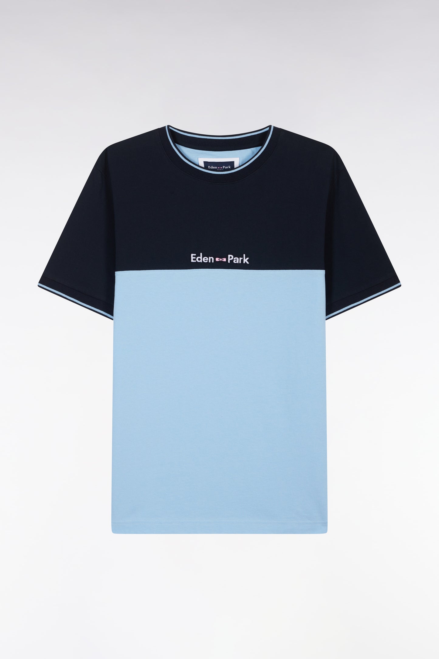 Straight-fit two-tone sky blue embroidered cotton T-shirt