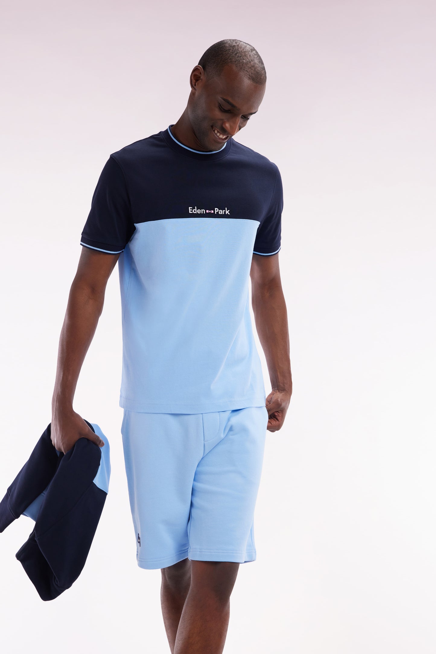 Straight-fit two-tone sky blue embroidered cotton T-shirt