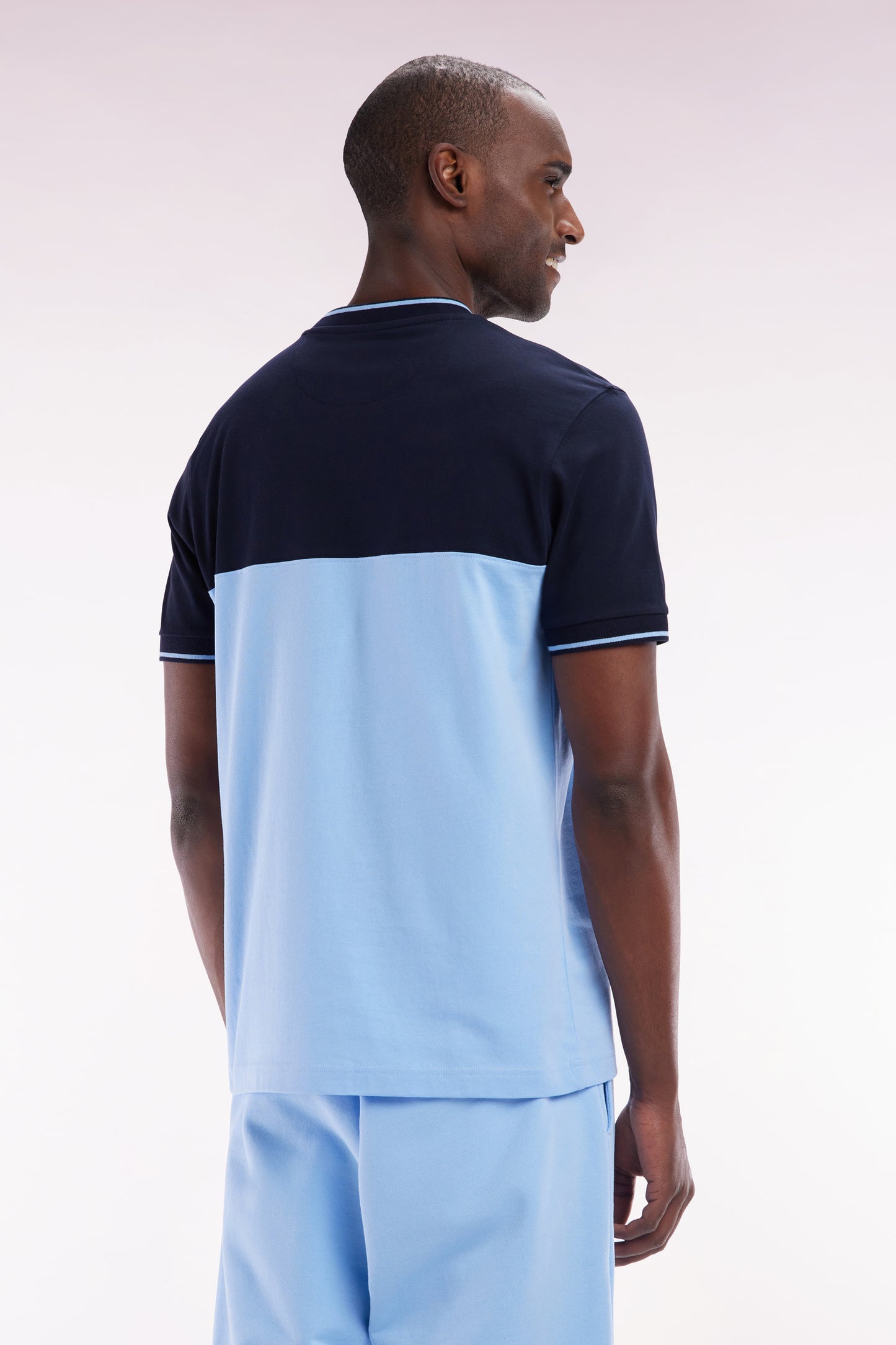 Straight-fit two-tone sky blue embroidered cotton T-shirt