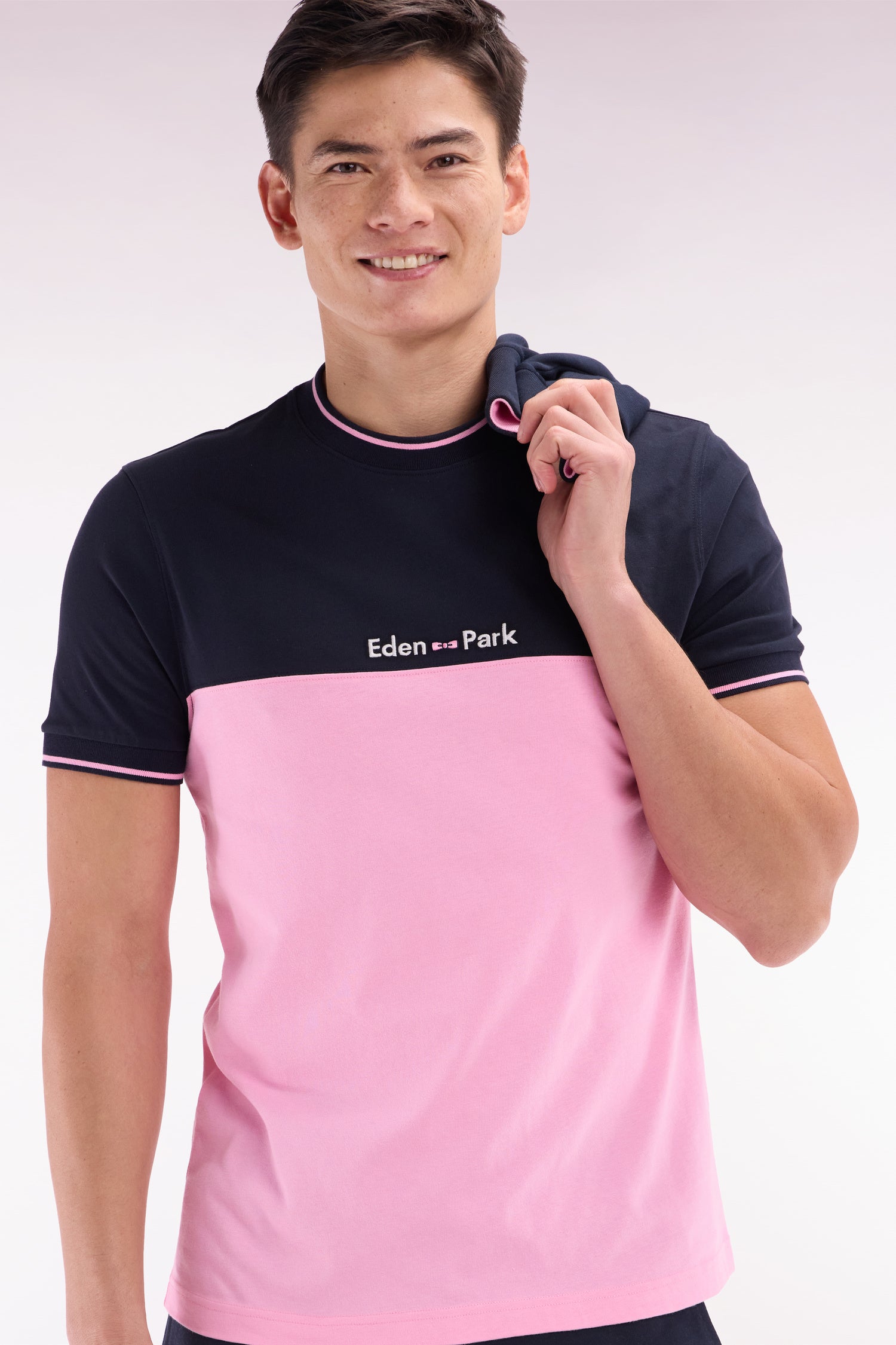 T-shirt brodé en coton bicolore rose coupe droite