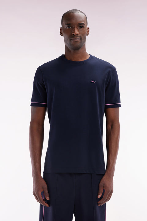Straight-fit navy cotton T-shirt with embroidery and bow tie badge - Image 1