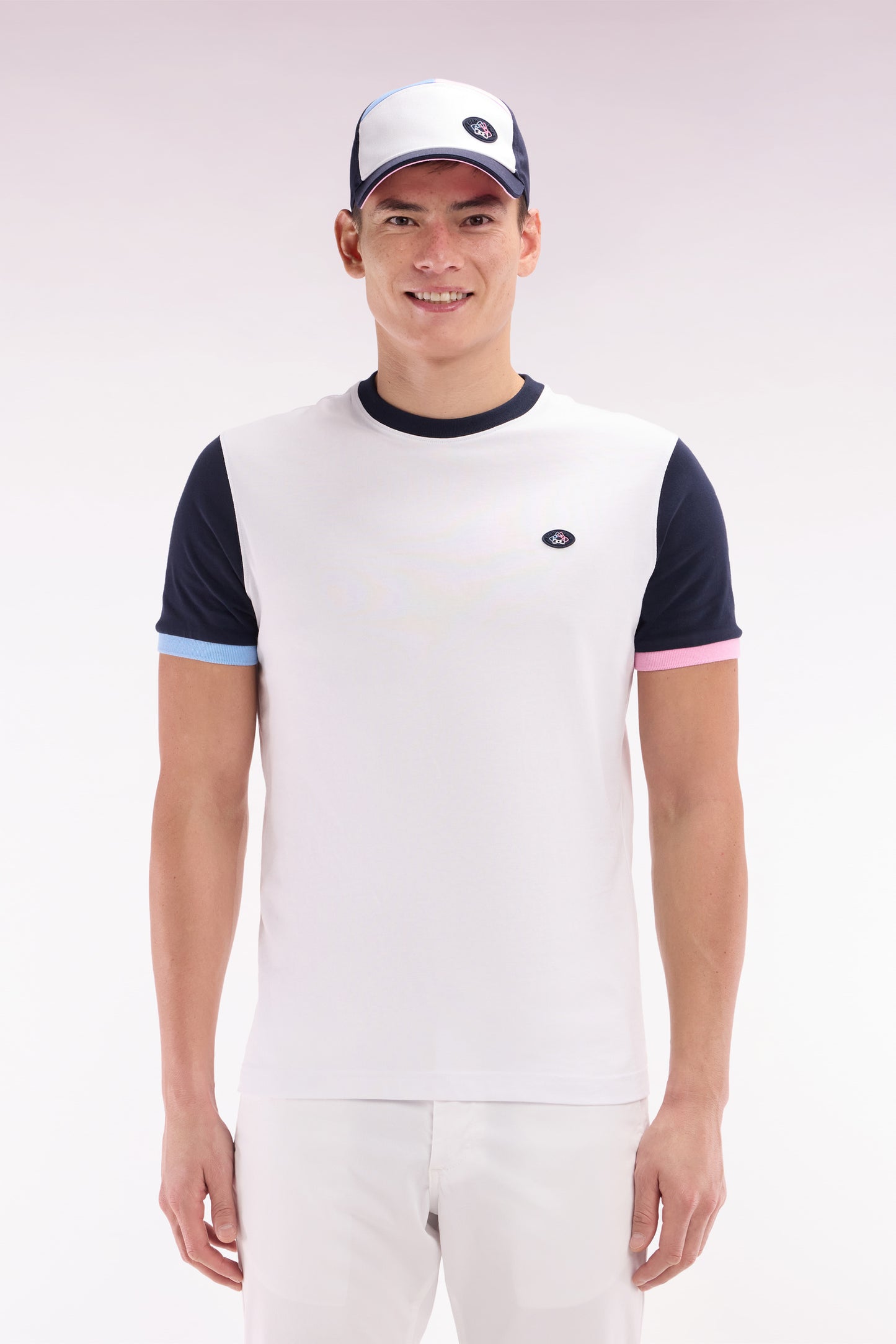 Straight-fit white cotton embroidered colorblock t-shirt