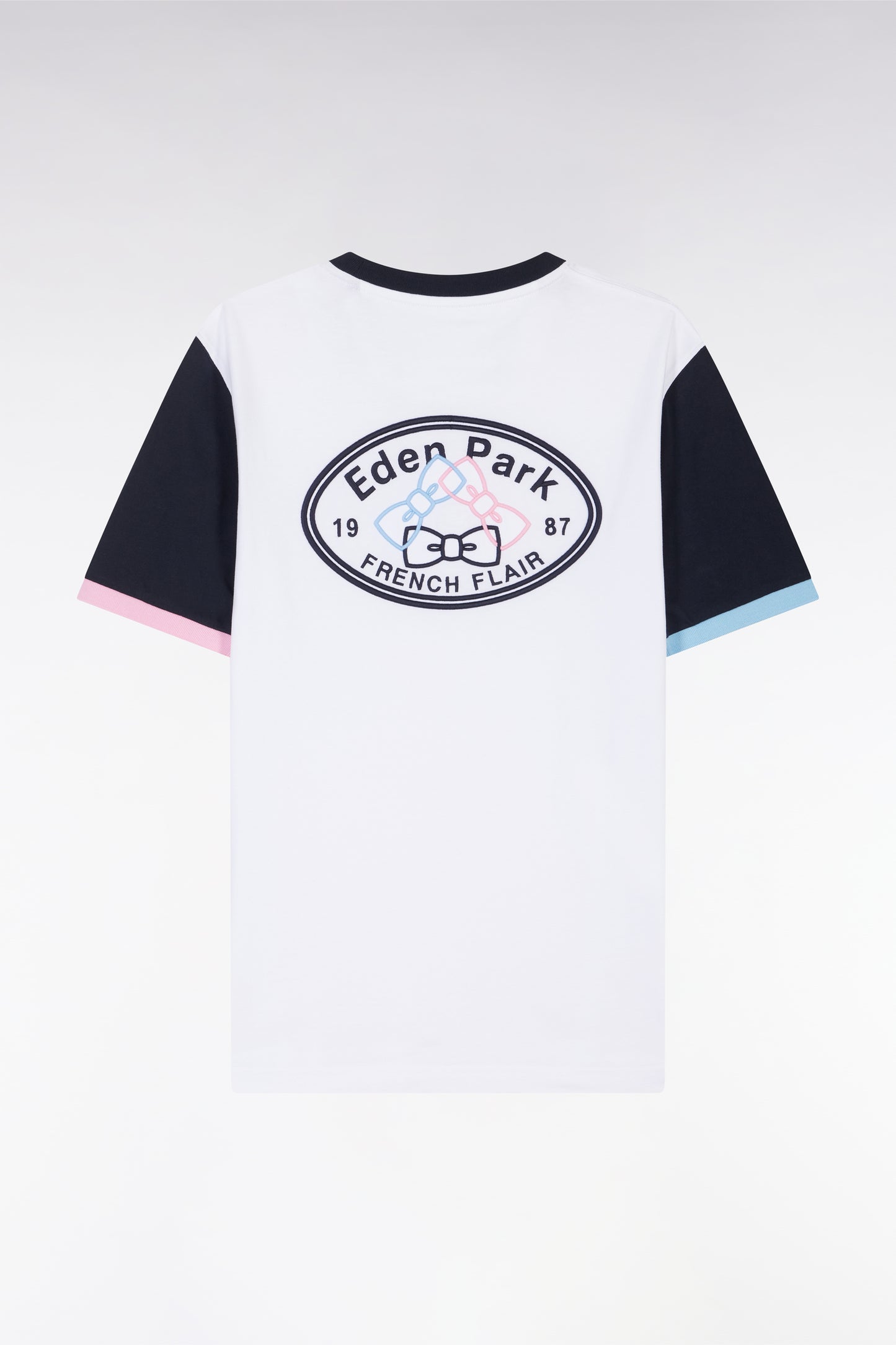 Straight-fit white cotton embroidered colorblock t-shirt