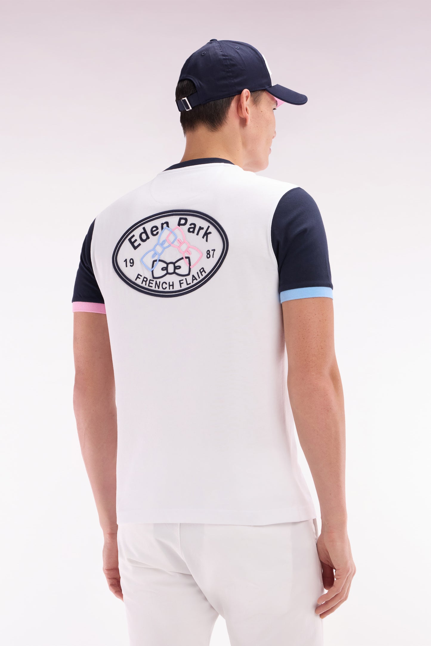 Straight-fit white cotton embroidered colorblock t-shirt
