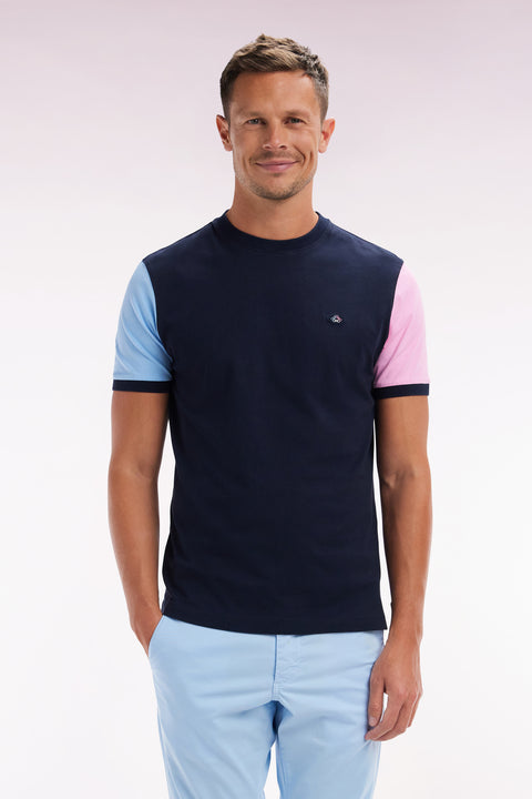 Straight-fit navy cotton embroidered colorblock t-shirt - Image 1