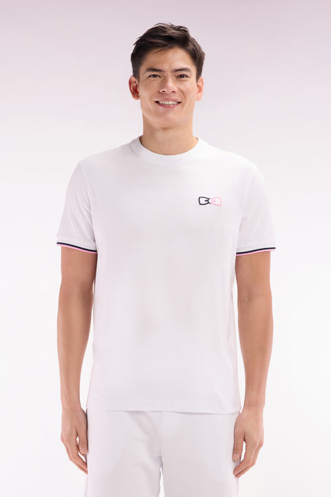 T-shirt en coton blanc à broderies bicolores coupe décontractée - Image 1