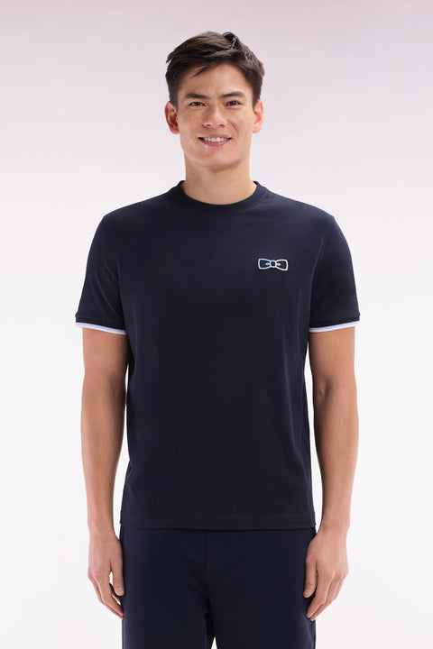 Relaxed-fit navy cotton T-shirt with two-tone embroidery - Image 1