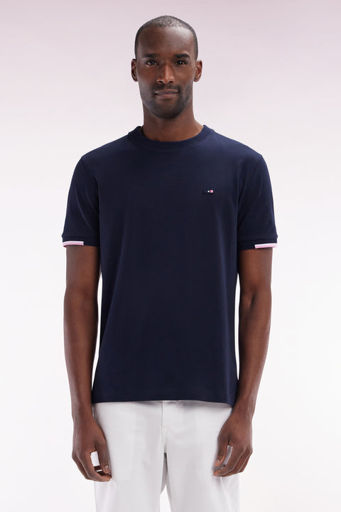 Straight-fit navy cotton T-shirt with back embroidery - Image 1