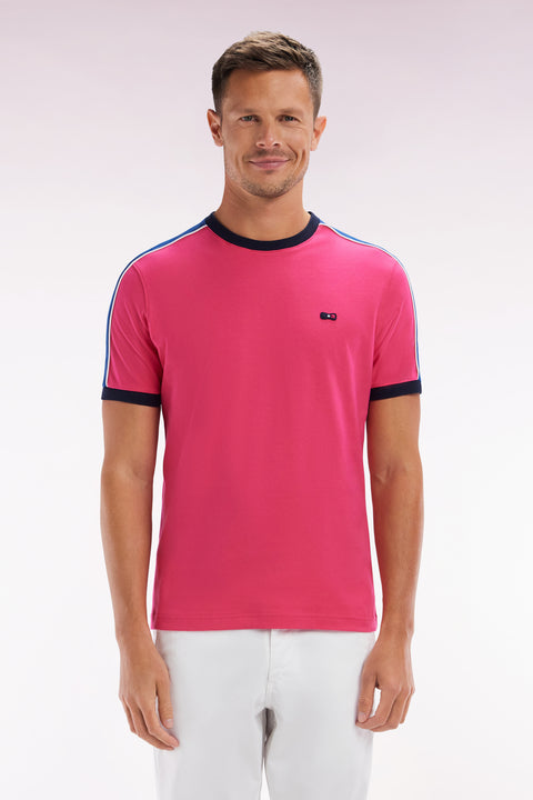 Straight-fit fuchsia cotton T-shirt with back embroidery and cutouts - Image 1