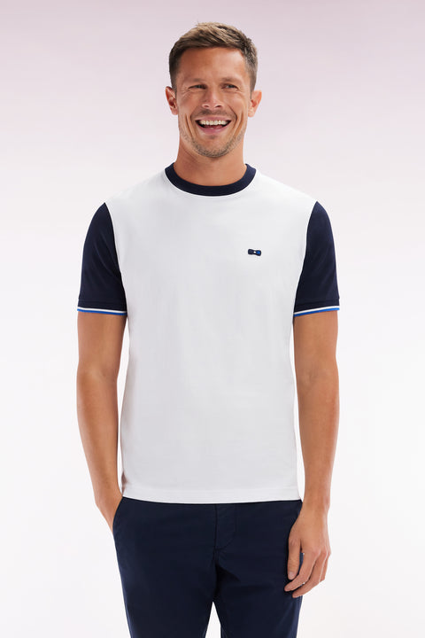 T-shirt en coton blanc et marine broderie dos coupe droite - Image 1