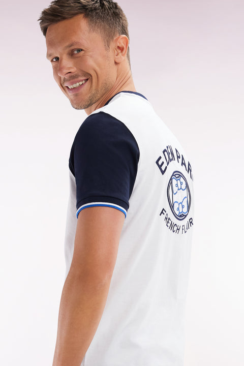 T-shirt en coton blanc et marine broderie dos coupe droite - Image 3