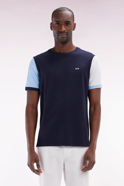 Straight-fit colorblock T-shirt in navy cotton with 10 embroidery - Image 1