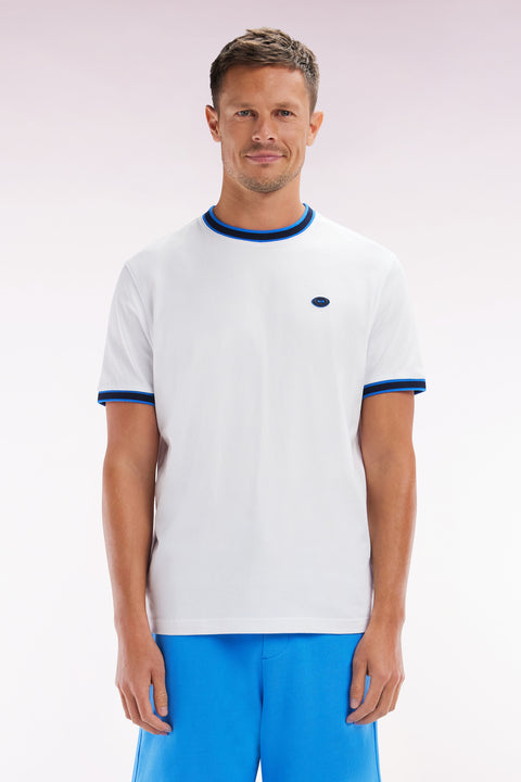 T-shirt en coton blanc à bords-côtes bleus coupe décontractée - Image 1