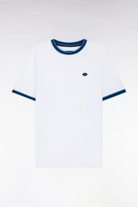 T-shirt en coton blanc à bords-côtes bleus coupe décontractée - Image 2