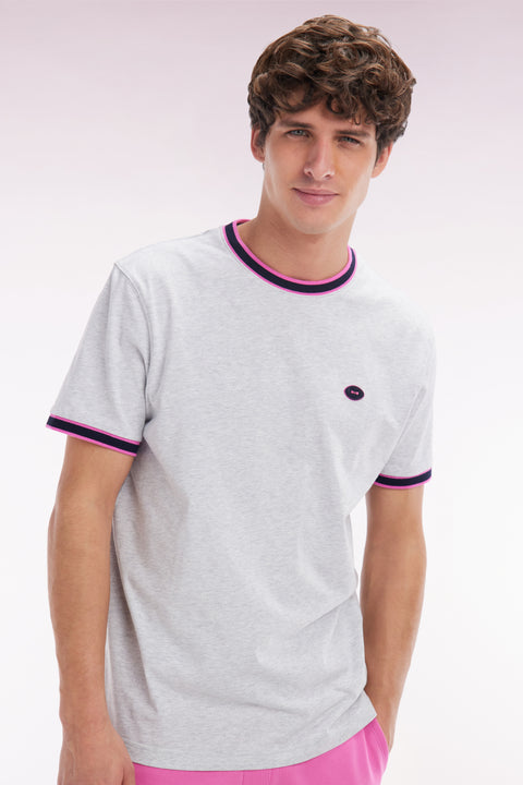 T-shirt en coton gris à bords-côtes roses coupe décontractée - Image 3