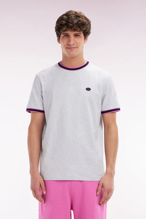 T-shirt en coton gris à bords-côtes roses coupe décontractée - Image 1