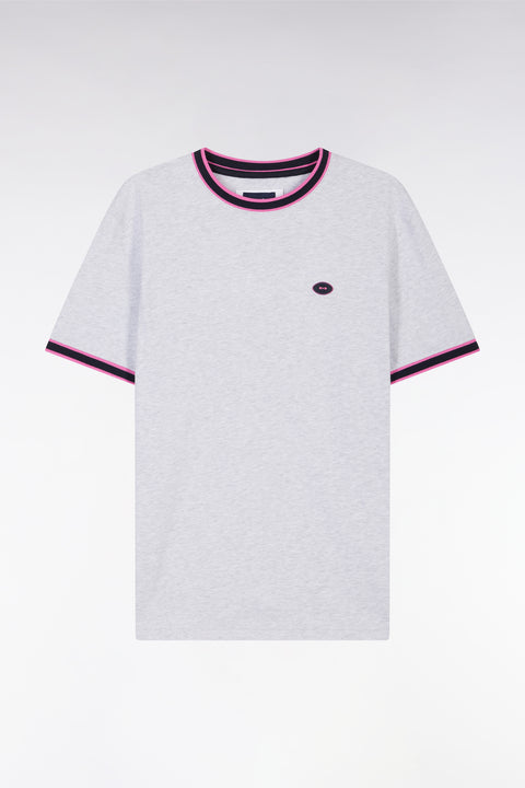 T-shirt en coton gris à bords-côtes roses coupe décontractée - Image 2