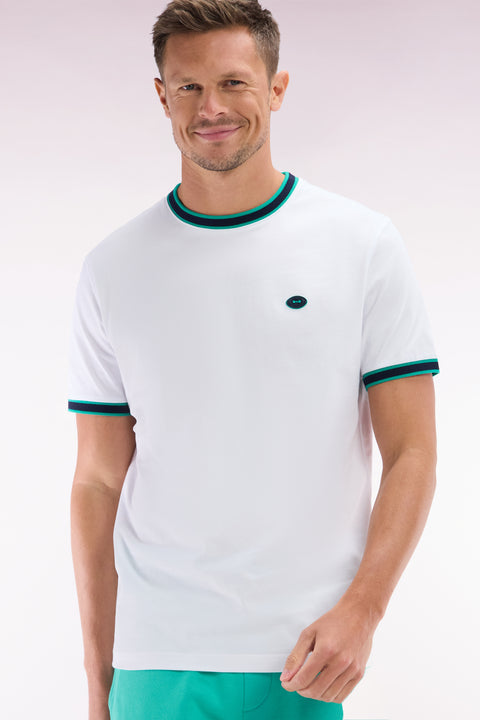 T-shirt en coton blanc à bords-côtes verts coupe décontractée - Image 3