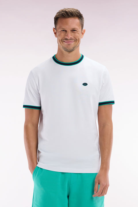 T-shirt en coton blanc à bords-côtes verts coupe décontractée - Image 1