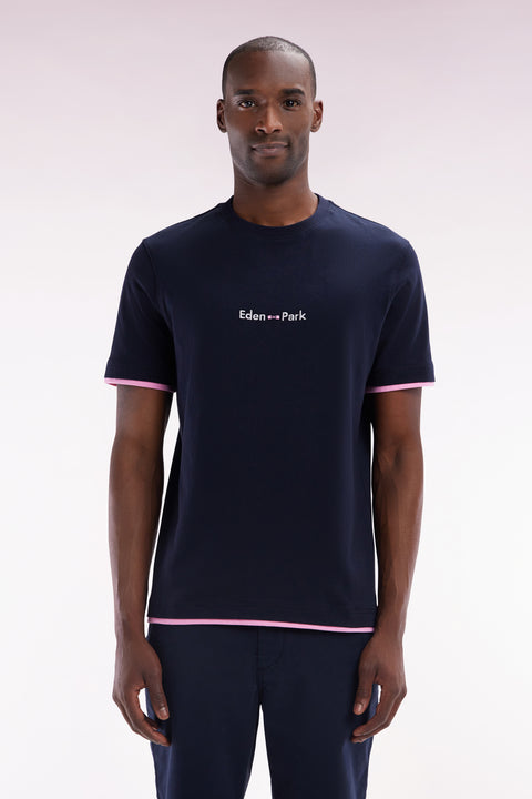 T-shirt brodé en coton marine à effet superposition coupe droite - Image 1