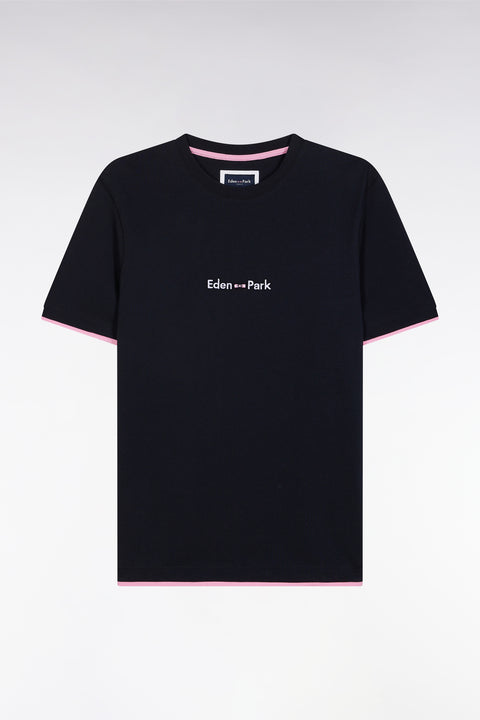 T-shirt brodé en coton marine à effet superposition coupe droite - Image 2