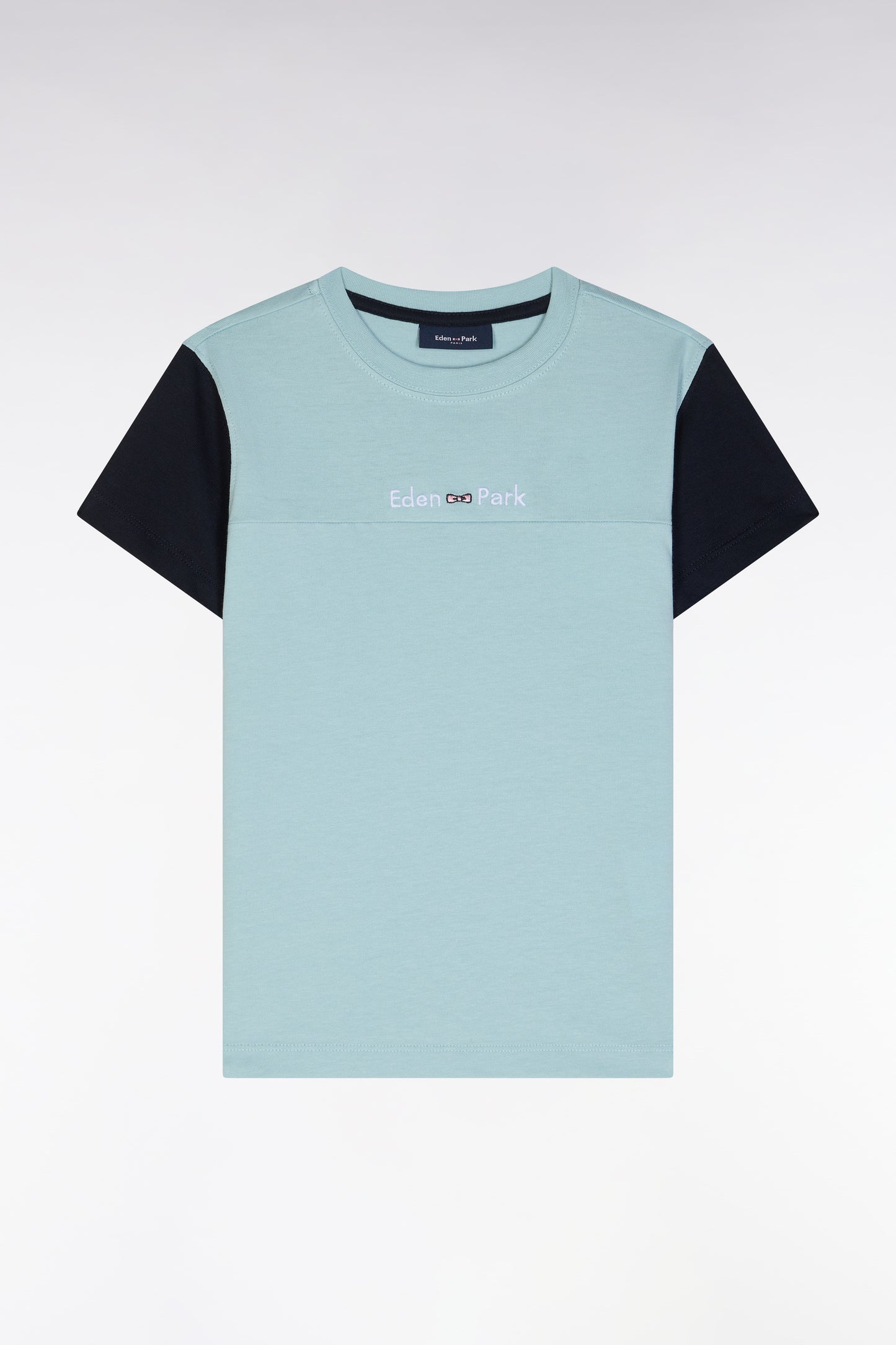 T-shirt en coton vert d'eau manches marine coupe droite