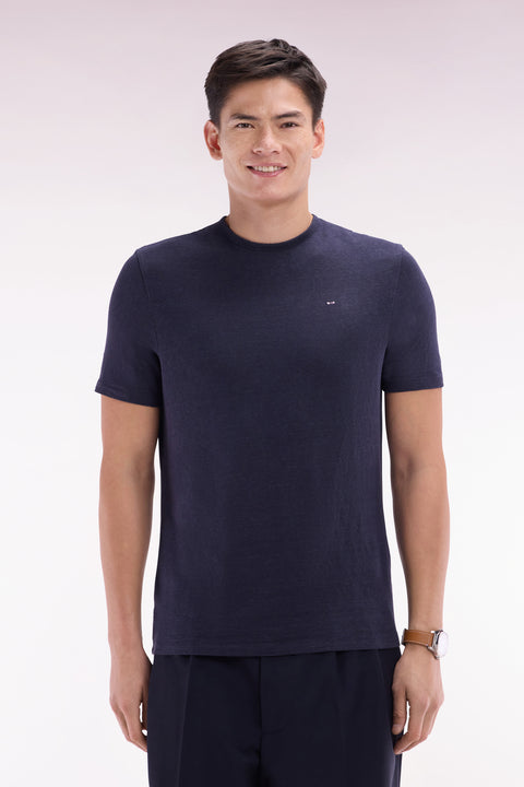 T-shirt uni en lin stretch marine coupe droite - Image 1