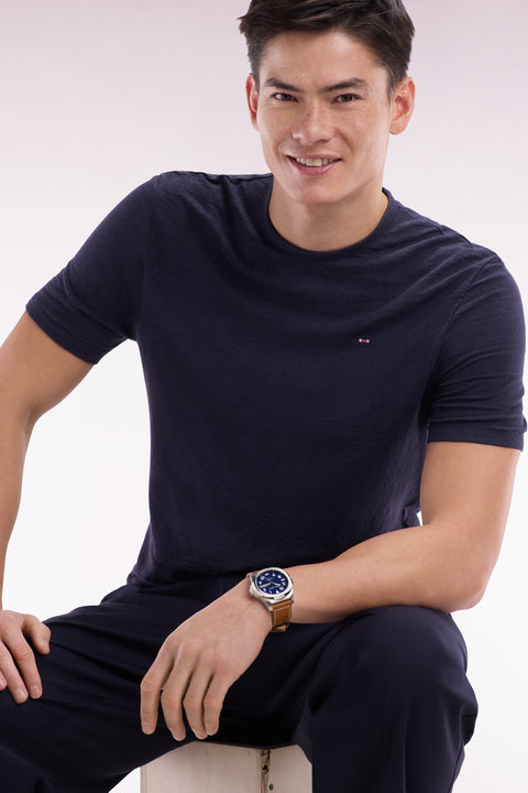T-shirt uni en lin stretch marine coupe droite - Image 3
