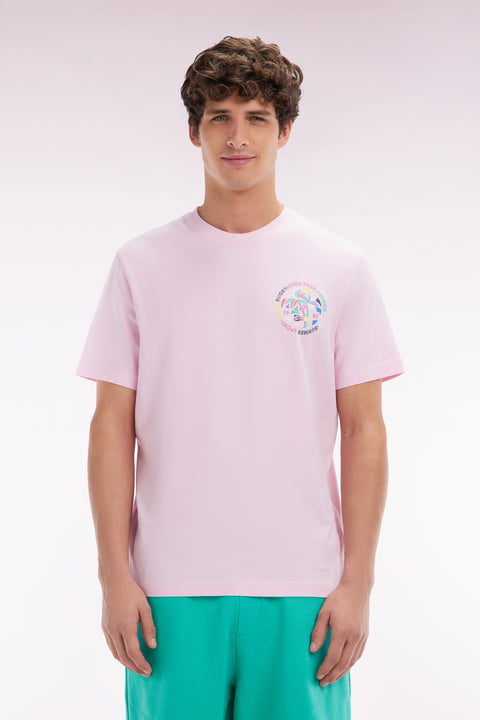 Pink cotton T-shirt with multicoloured screen print relaxed fit - Image 1