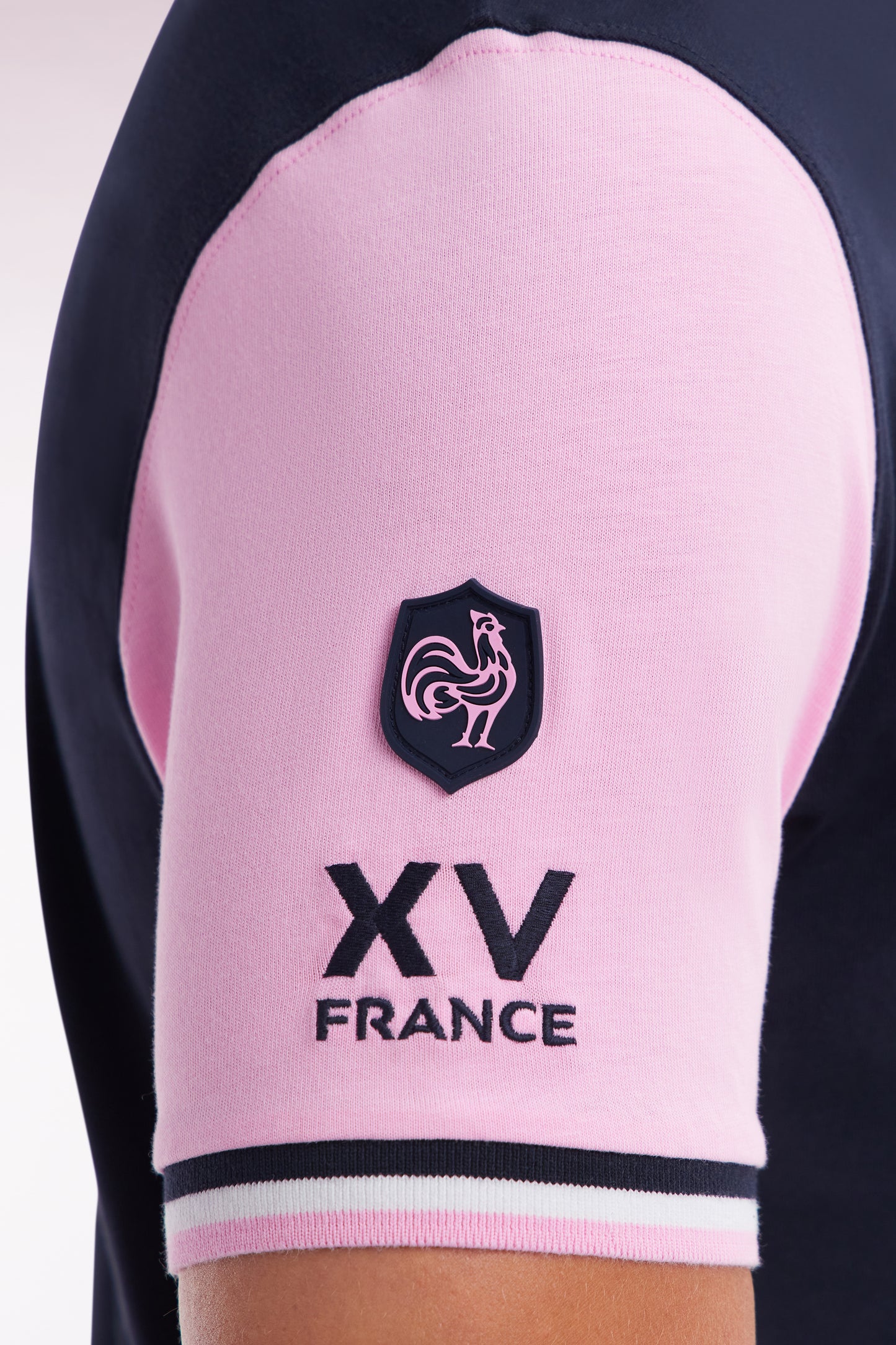 T-shirt XV de France bicolore en coton marine et rose broderie Coq coupe droite