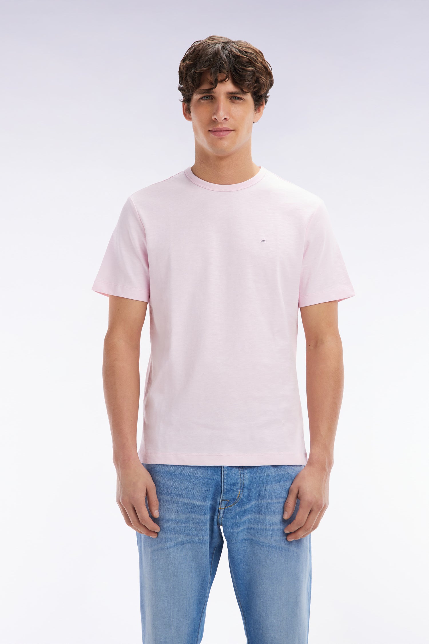 T-shirt en jersey de coton slub rose pâle coupe droite