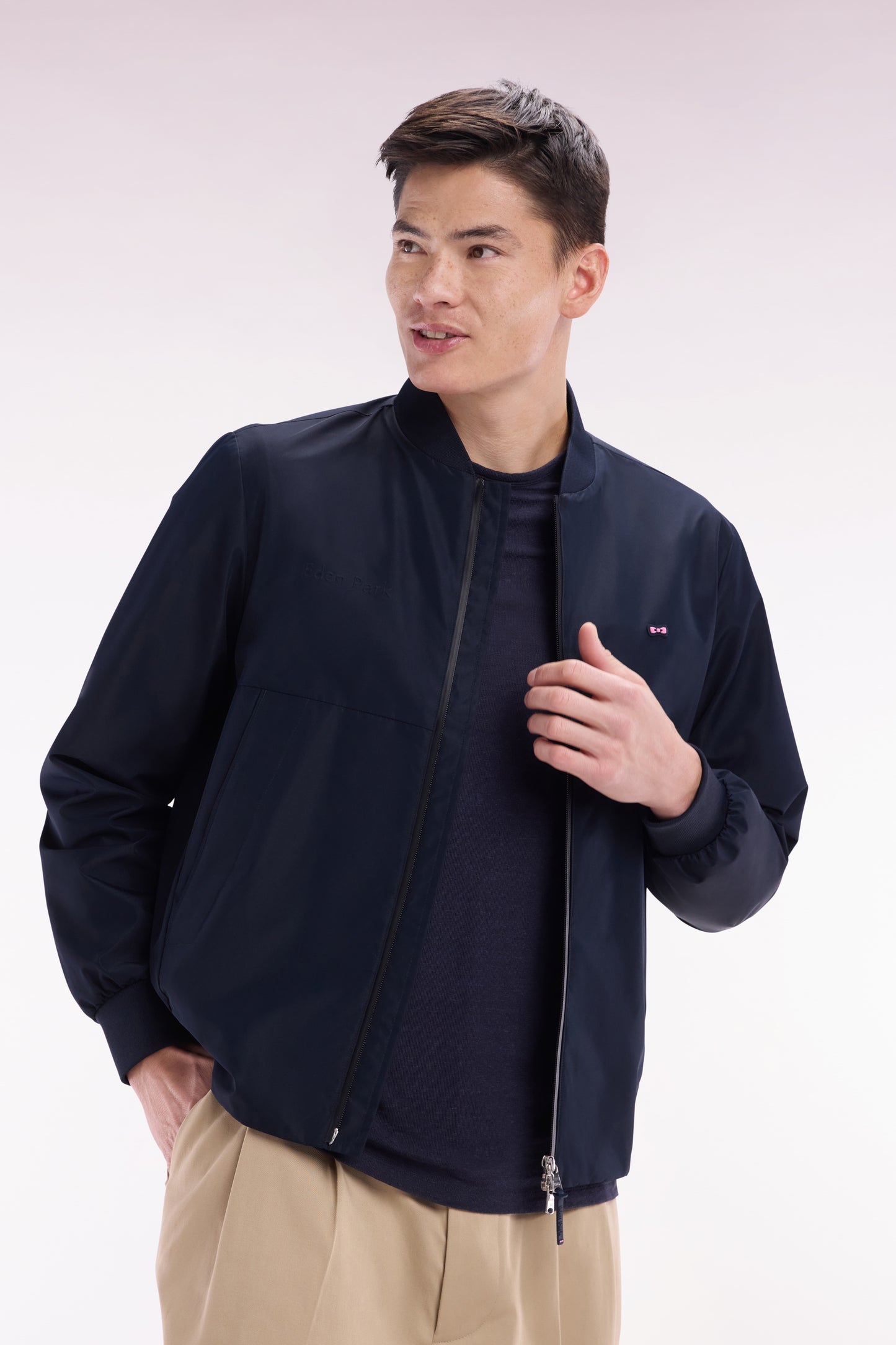 Blouson zippé en polyamide Soft Touch à col Teddy marine