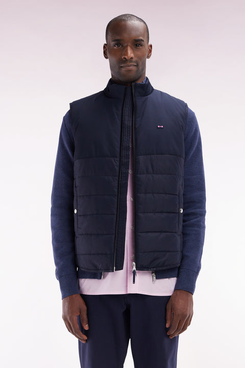 Navy bi-material sleeveless down jacket - Image 1