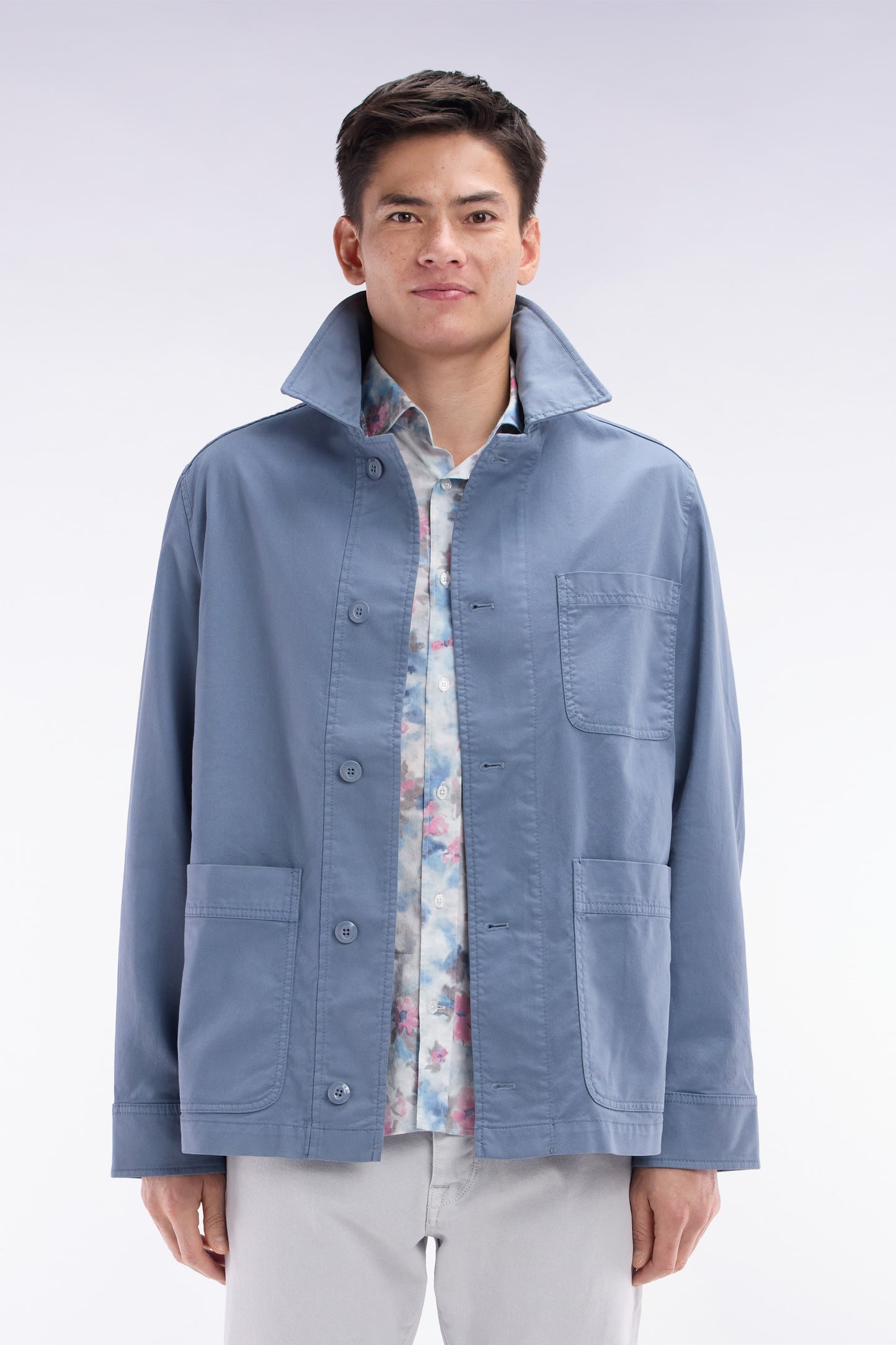 Grey stretch cotton overshirt with patch pockets